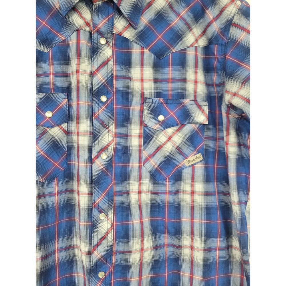 Wrangler Wrancher Casual Shirt Mens XL Pearl Snap Blue Plaid Short Sleeve - Picture 2 of 8